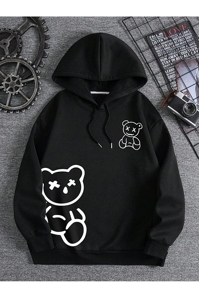 aynewmoda Черен суитшърт с качулка и щампа на плюшено мече