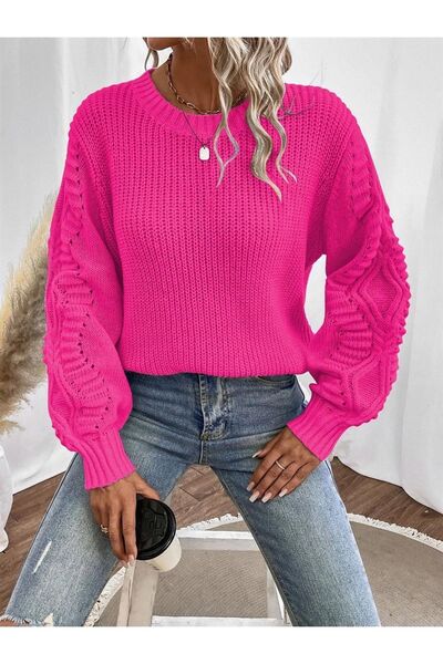 AQE FASHION Селонік в'язаний светр з мотивом на рукавах, велосипедний комір, фуксія