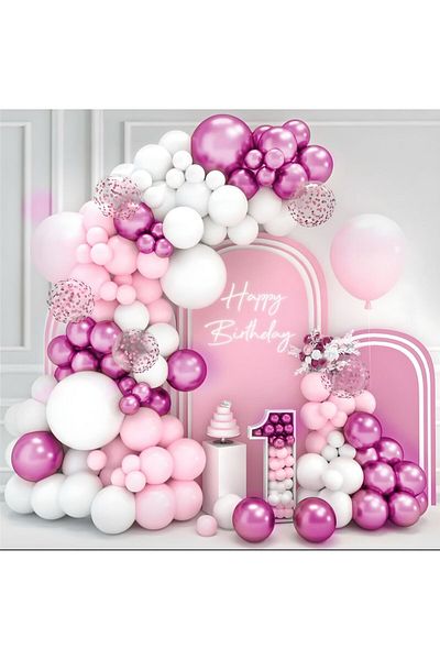 Öztürkpartievi Pink Chrome White Confetti Balloon Chain