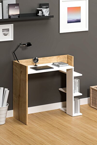 Fly Mobilya Moon Raflı Çalışma Masası, Beyaz Meşe Kitaplıklı Bilgisayar Masası, Ofis Ders Laptop Masası