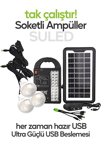 SULED Solar Aydınlatma Seti 3 Lambalı 22 Amper Lithium Bataryalı USB Power Bank Led Işıldak Fener