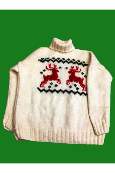 Işin Tasarım Ecru Colored Wool Sweater with Deer