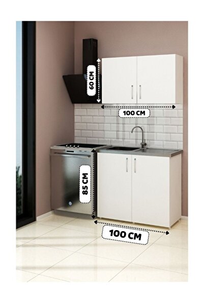 Fly Mobilya 100 cm Mini Çelik Evyeli Mutfak Dolabı Alt Üst Seti, Minimalist M...