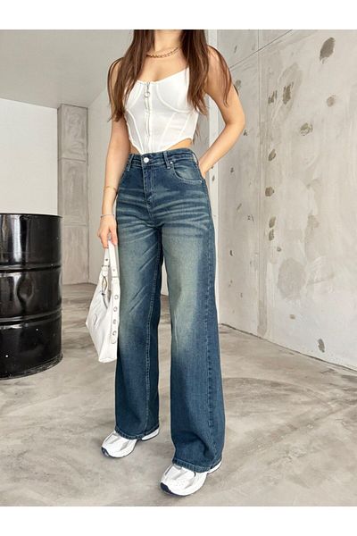 BİKELİFE Women's Dark Navy High Waist Lycra Stretchy Wide Leg Jeans