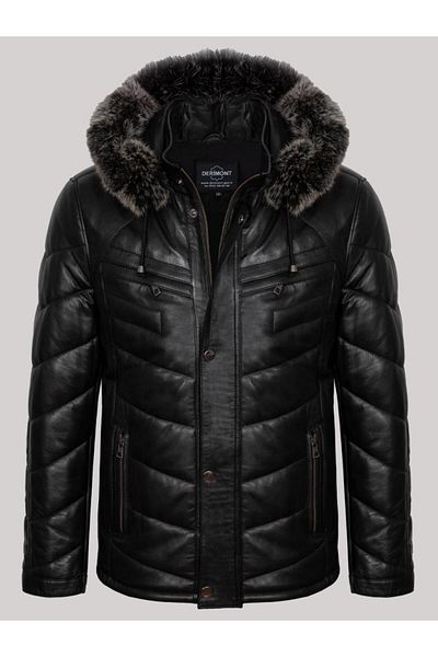 Derimont's Genuine Leather Collar with Fur Black Straight Line Detail Four Pocket Puffer Men's Leather Coat