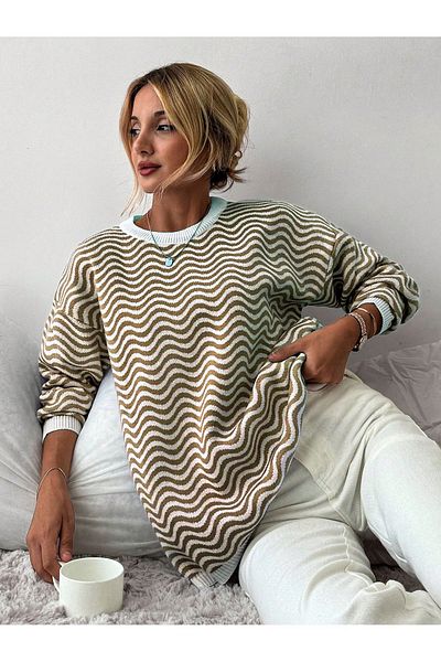 AQE FASHION Пуловер с кръгло деколте и вълнообразен трикотаж, цвят CAMEL