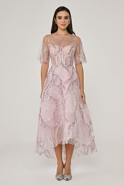 ALFABETA Pink Transparent Evening Dress - Short Sleeve and Sequin Detailed Homecoming Dress Ab6645-Pink