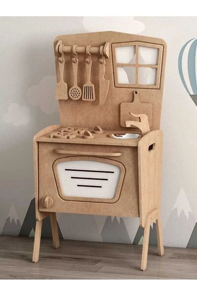 DOKTOR AHŞAP Educational Play Kitchen - Wooden Raw Mdf Kitchen Set
