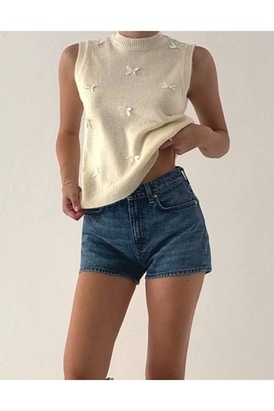 My Blog Ecru Mini Ribbon Detailed Sleeveless Sweater-4466
