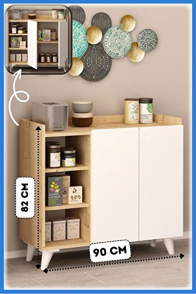 Fly Mobilya Alary Çok Amaçlı Dolap Beyaz & Meşe Raflı Çok Amaçlı Mutfak Dolab...