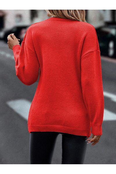 AQE FASHION Double Breasted Neckline Patterned Hair Braided Knitwear Sweater Tunic RED