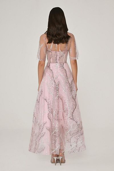 ALFABETA Pink Transparent Evening Dress - Short Sleeve and Sequin Detailed Homecoming Dress Ab6645-Pink