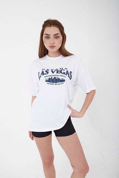 Mad&Calf Unisex Oversize Λευκό μπλουζάκι με στάμπα Las Vegas