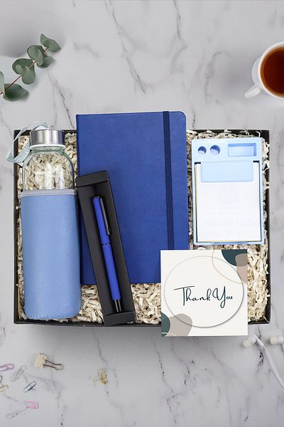 Trendmiya Blue 500 ml Water Bottle - Blue Pen and Notebook Gift Set with Notebook, Leather Cover