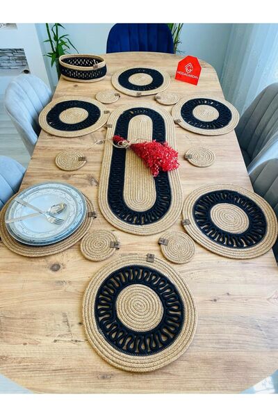 JÜTEX HOME 14-Piece Jute Straw Placemat Set - Runner, Basket and Cup Holder