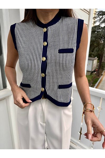 Lusin Premium Women's Striped Knitwear Sweater Vest - Navy