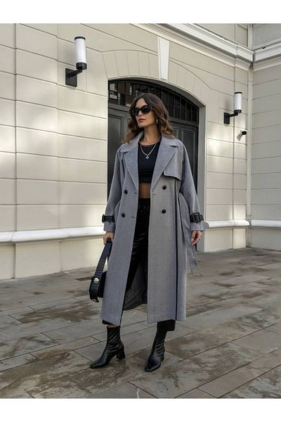 My Blog Dark Gray Leather Stripe Belted Herringbone Long Coat-43886