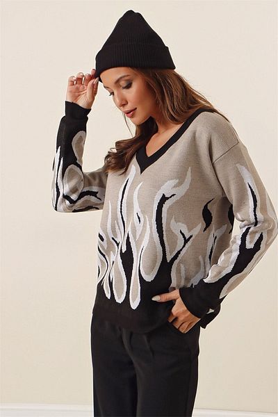 AQE FASHION Пуловер с V-образно деколте с пламък