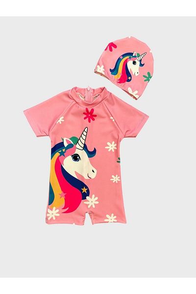 Fil Kids Pink Unicorn Patterned Girl's Short Sleeve and Bonnet Swimsuit