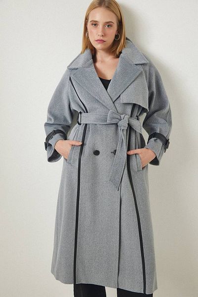 My Blog Langer Herringbone-Mantel aus grauem Leder mit Streifen und Gürtel – 43886