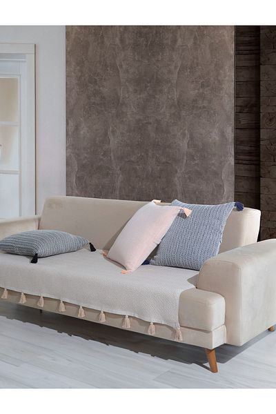 Lux Touch Κάλυμμα καναπέ σε μπεζ Lavi Pompom - 115 x 200 cm Καναπές Κρεβάτι Καναπές Πολυθρόνα και Ριχτάρι Φουντωτό