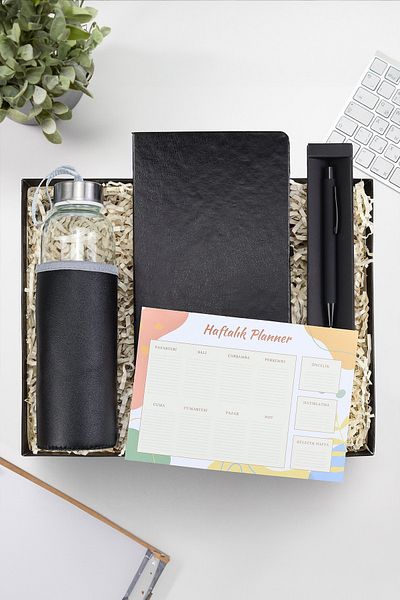Trendmiya Black Notebook and 500 ml Water Bottle - Weekly Planner and Ballpoint Pen Gift Set