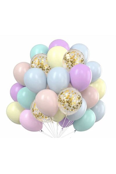 Öztürkpartievi 50 Adet Karışık Makoron Gold Konfetili Balon Seti