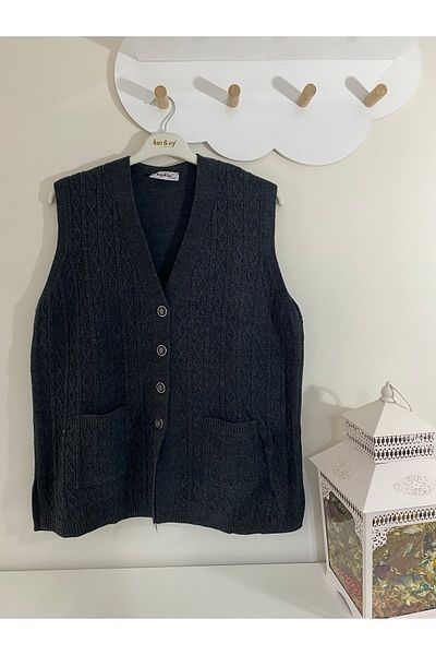 sinankardeşler Smoke Colored - Large Size Women's Knitwear Vest with Pockets and Buttons