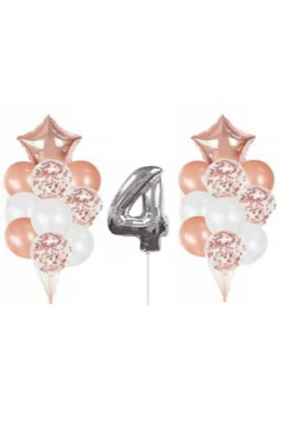 Deniz Party Store Silver 4 Year Old Rose Gold Confetti Transparent Balloon Set