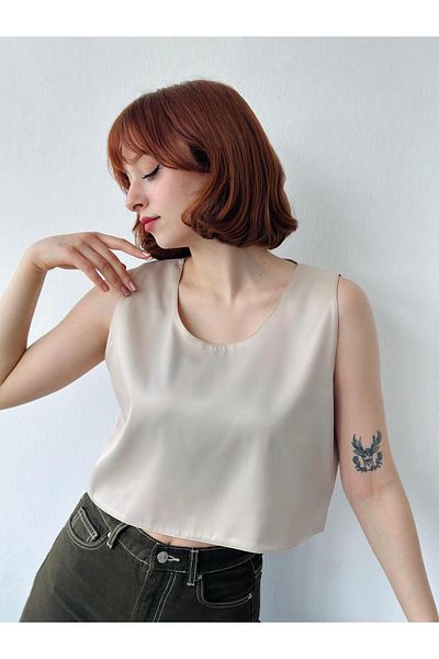 Retrobird Crop Basic Satin Athlete Μπλούζα Γυναικεία Κρέμα