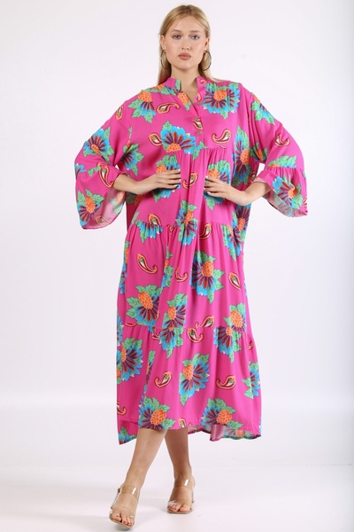 Chiccy Růžové nádherné límce s volánkovým rukávem Paisley vzorované tkané šaty oversize s knoflíky