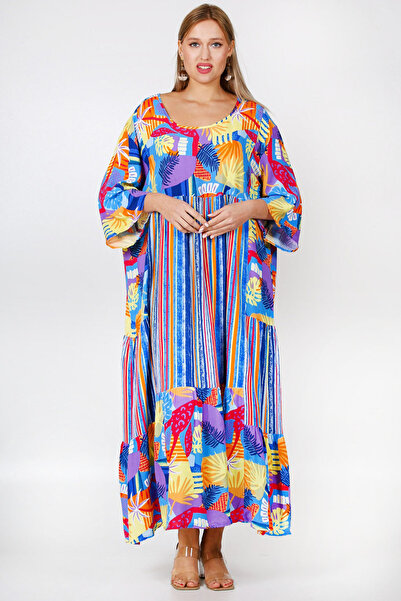 Chiccy Blue Round Neck 3/4 Sleeve Patterned Allover Printed Wide Cut Woven Dress