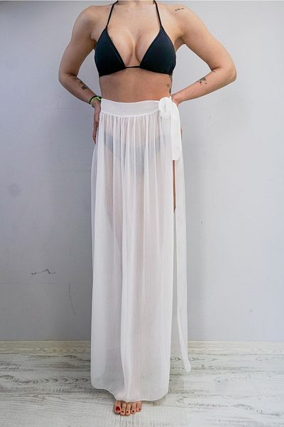 pistore White Long Tulle Belt Detailed Pareo Women's Beach Dress New Season