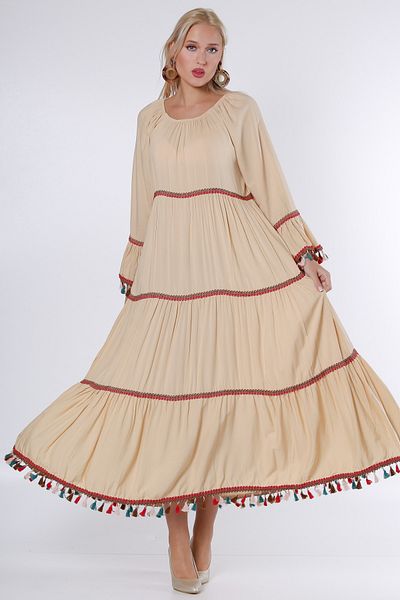 Chiccy Beige U-Neck Oversize Woven Dress with Tassels on Sleeves and Hem