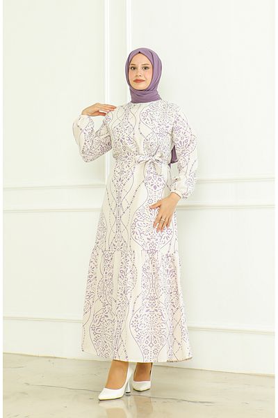 sefamerve Beige Lilac Linen Dress - Patterned and Belted 0471F-04