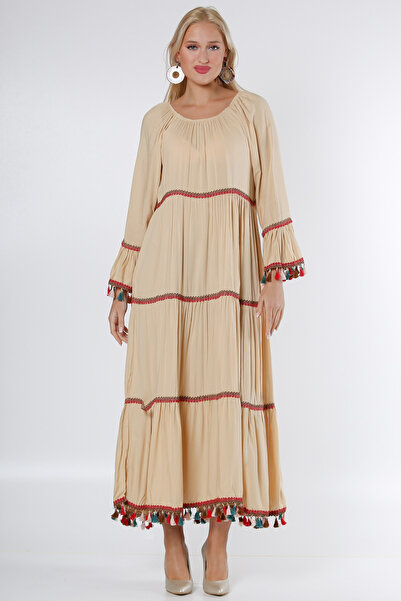 Chiccy Beige U-Neck Oversize Woven Dress with Tassels on Sleeves and Hem