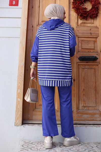 Sfg Life Moda Hooded Striped Hijab Clothing - Half Zipper, 2 Thread Pants and Tunic Set