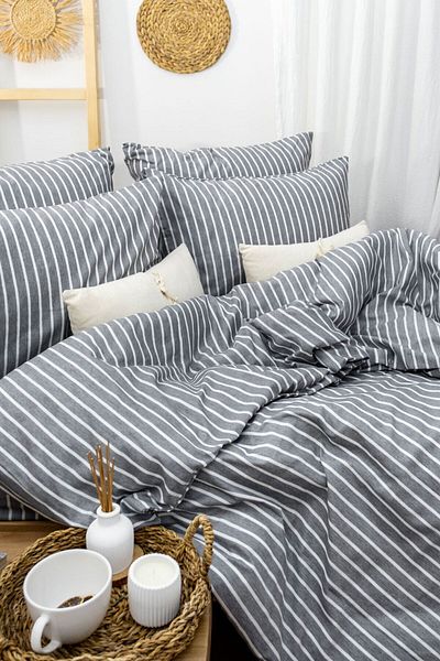 CAQQA Natural Anthracite Striped - Single Children's and Teenagers' Duvet Cover Set, Cotton Elastic