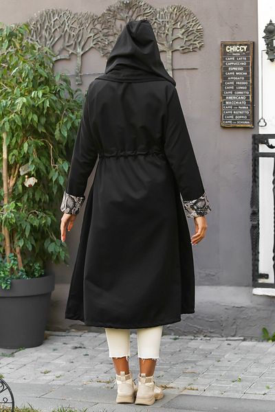 Chiccy Trench cu mânecă lungă cu glugă neagră pentru femei, căptușit cu buzunar, maxi adunat, supradimensionat, țesut casual