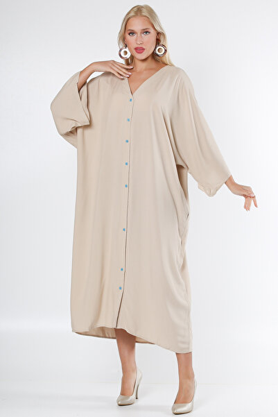 Chiccy Beige V-neck Bat Sleeve Printed Buttoned Oversize Woven Dress