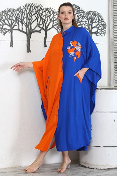Chiccy Помаранчево-синя вишивка Oversize ткане плаття - Hakim комір, 3/4 рукав, Fleto кишеня