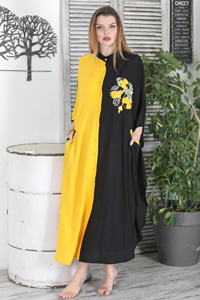 Chiccy Μαύρο-κίτρινο γιακά δικαστή 3/4 μανίκια φακέλου με κέντημα casual oversize υφαντό φόρεμα