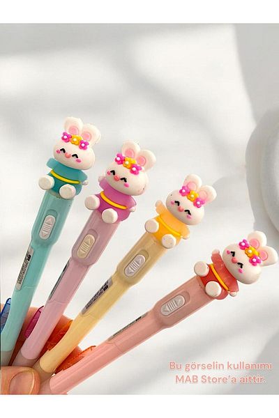 MAB Set of 4 Colorful Lighted Cute Pencils - Rabbit Figure, Side Press Back to School Gift