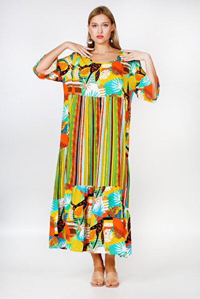 Chiccy Πράσινο υφαντό φόρεμα με στρογγυλή λαιμόκοψη 3/4 με στάμπα παντού