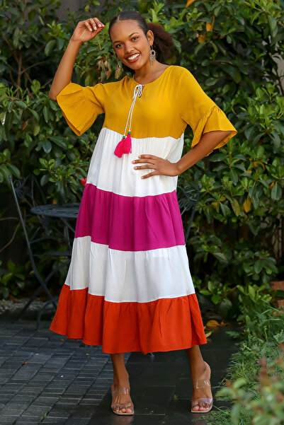 Chiccy Women's Red Blocked Tassel Tied Oversize Woven Dress M10160000EL93339