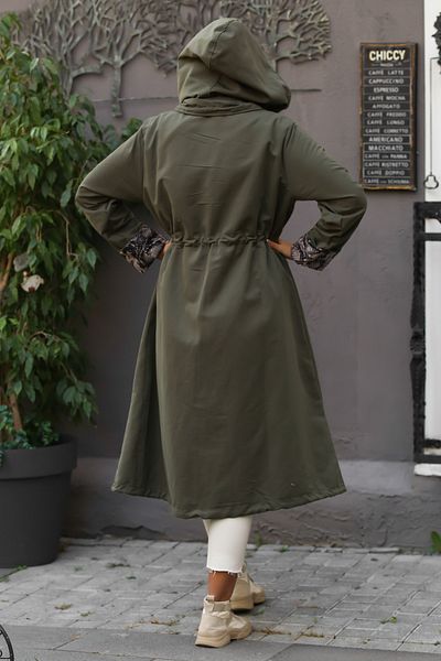 Chiccy Women's Khaki Hooded Long Sleeve Pocket Lined Gathered Maxi Oversize Casual Woven Trench Coat