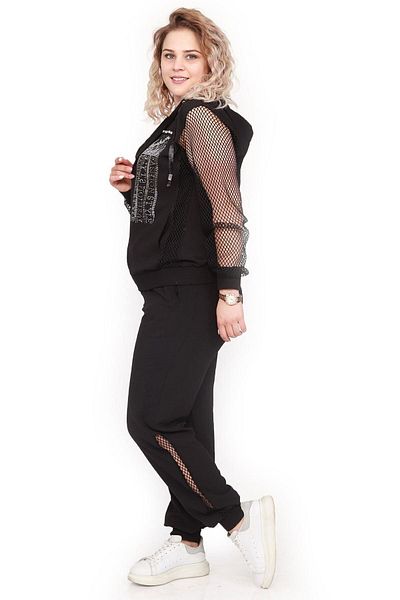 WND SPORT Hooded Black Mesh Cuffed Stone Detailed Comfortable Form Women's Oversize Set