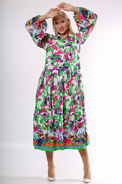 Chiccy Green Shirt Collar Balloon Sleeve Patterned Buttoned Allover Printed Woven Dress