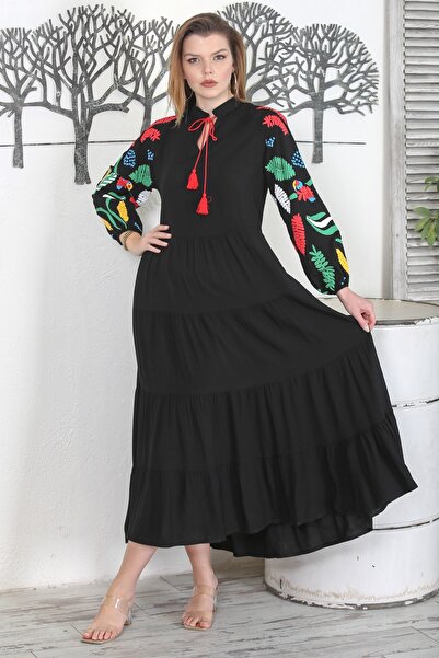 Chiccy Black Jewelled Collar Skirt Frilly Tassel Puff Printed Casual Woven Dress