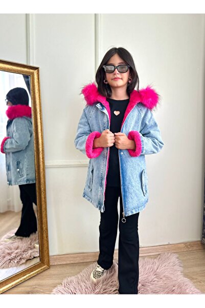 EFE KIDS Kız Çocuk İçi Peluş Dışı Kot Minnie Mouse Nakışlı Çocuk Mont'u
